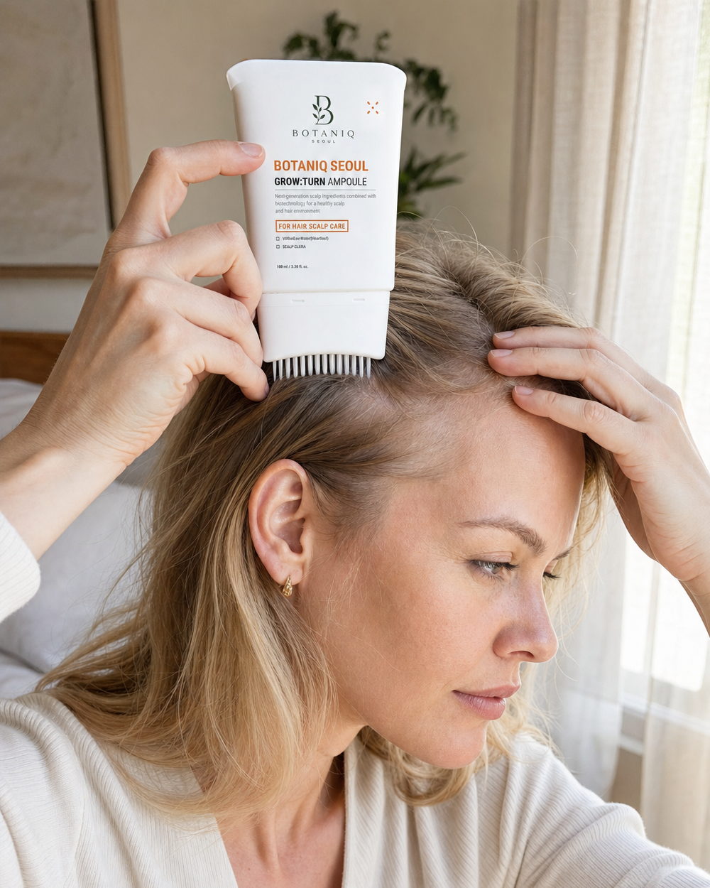 Hairfoli brush applying serum gently along a visible scalp part